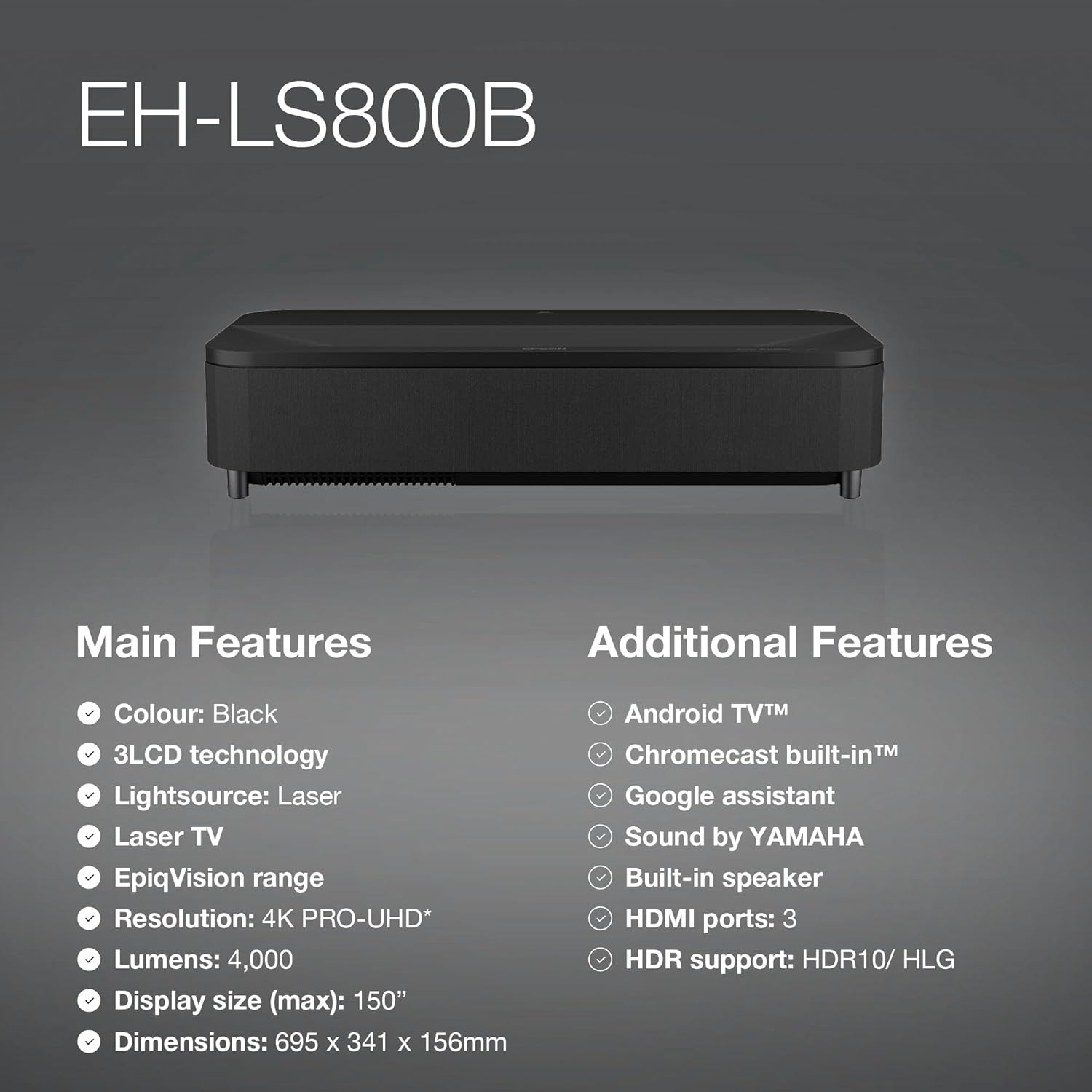 Epson LS800B EpiqVision 4K Ultra Short Throw Projector 4000 Lumen with built-in Yamaha Soundbar - Black Laser TV